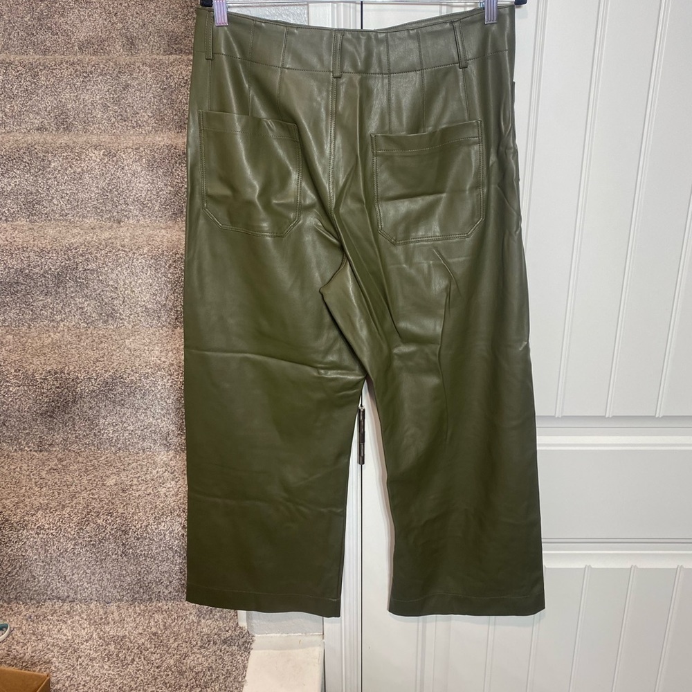 Anthropologie Maeve Colette Cropped Wide Leg Faux Leather Pants olive color - Picture 8 of 11